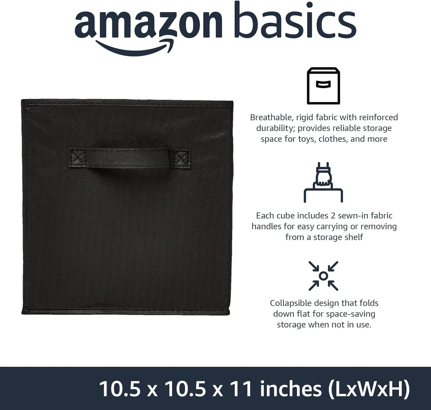 Collapsible Fabric Storage Cubes Organizer with Handles, 10.5"X10.5"X11", Black - Pack of 6