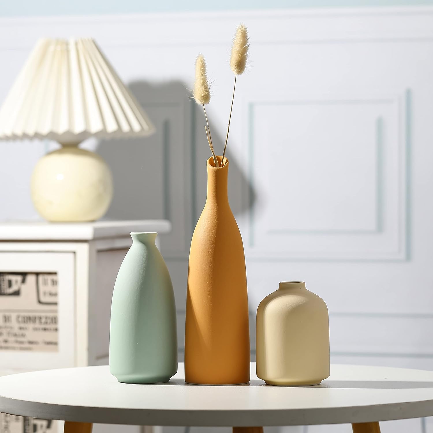 Vases Home Decor, Modern Farmhouse Decor Vase Set of 3, Small Flower Vases for Table Decor, Living Room Decor Vase, Book Shelf Vases for Decor, Bookshelf Decor Vase and Entryway Decor, Ceramic Vase