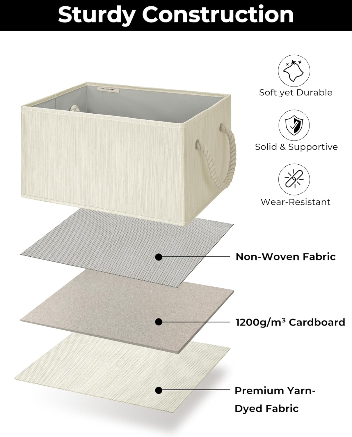 Storage Baskets for Shelves, Foldable Fabric Closet Storage Bins with Handles, Clothes Organizer Baskets, Beige, White & Ivory, 3-Pack, Medium