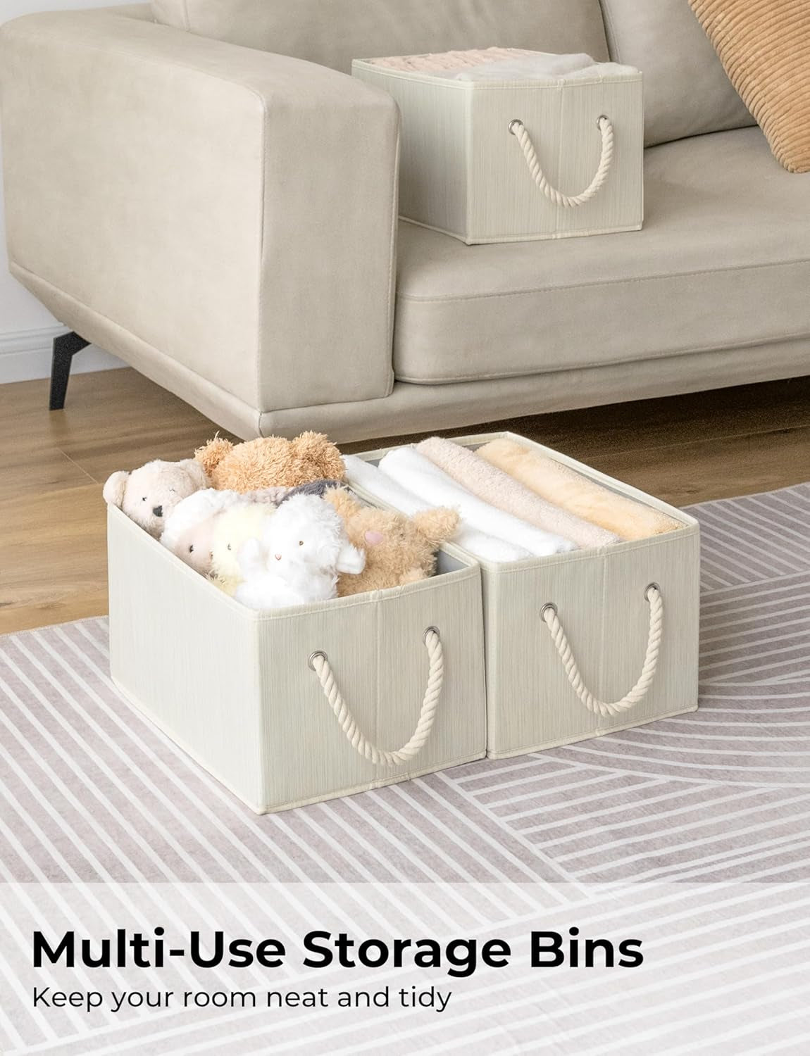Storage Baskets for Shelves, Foldable Fabric Closet Storage Bins with Handles, Clothes Organizer Baskets, Beige, White & Ivory, 3-Pack, Medium