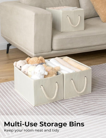 Storage Baskets for Shelves, Foldable Fabric Closet Storage Bins with Handles, Clothes Organizer Baskets, Beige, White & Ivory, 3-Pack, Medium