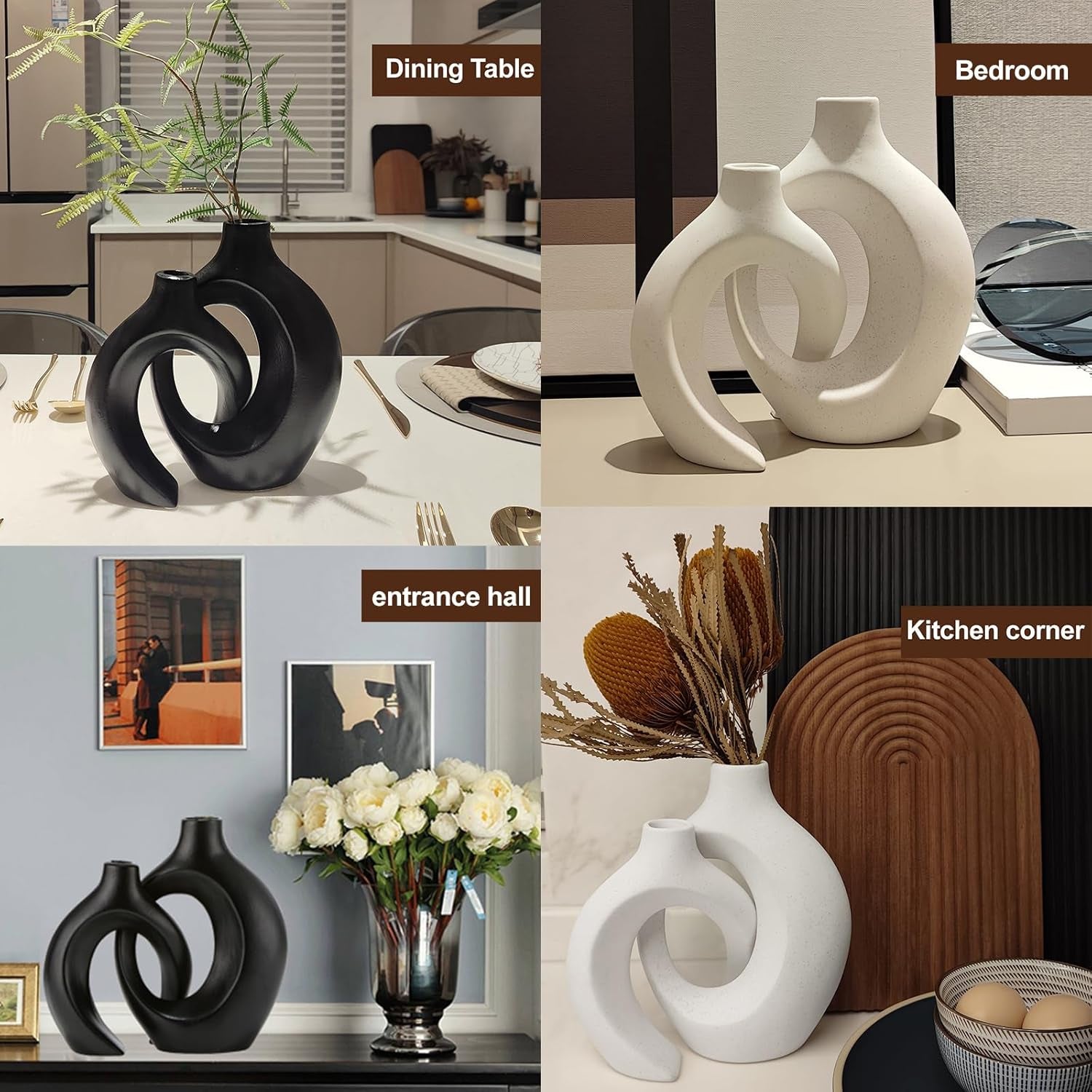 White Hollow Ceramic Vase Set of 2, Unique round Modern Vase for Nordic Minimalist Style Decor, Donut Boho Aesthetic Vase for Coffee & Kitchen Table, Pampas Grass Living Dining Room Decoration