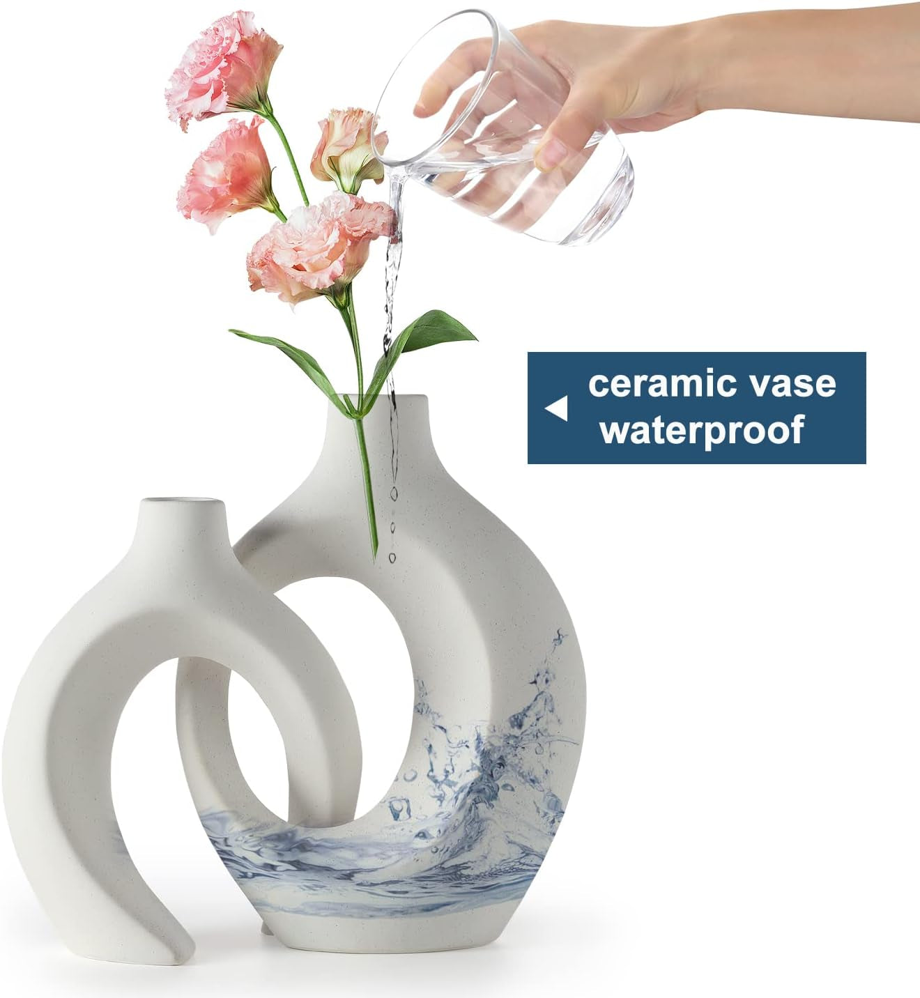 White Hollow Ceramic Vase Set of 2, Unique round Modern Vase for Nordic Minimalist Style Decor, Donut Boho Aesthetic Vase for Coffee & Kitchen Table, Pampas Grass Living Dining Room Decoration