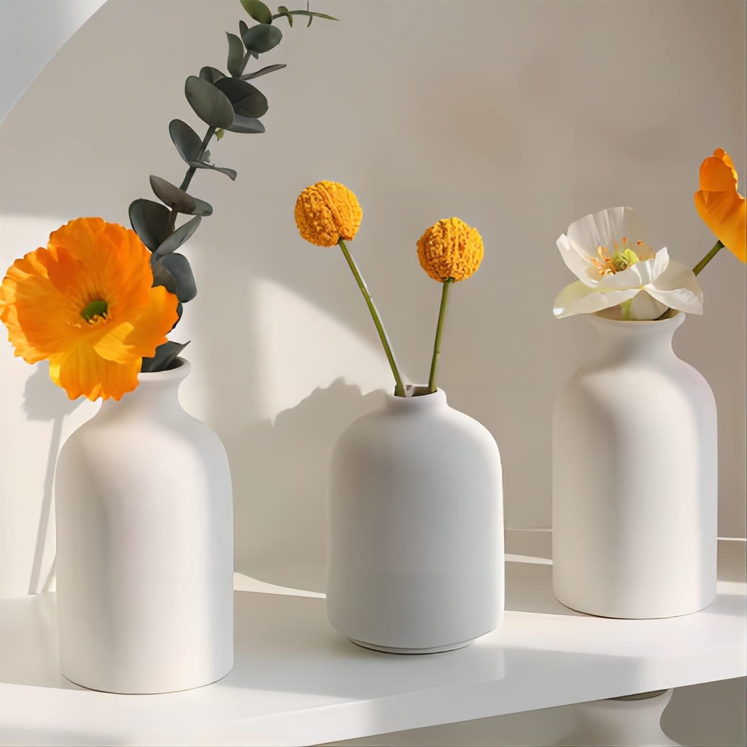 White Ceramic Vase Set-3 Small Flower Vases for Decor,Modern Boho Farmhouse Home Decor,Decorative Vase for Pampas Grass&Dried Flowers,Idea Shelf,Table,Bookshelf ，Entryway- Distresse