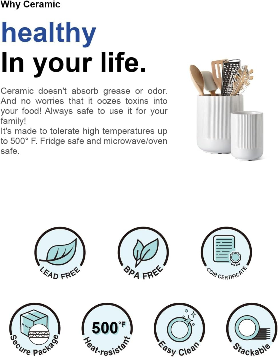 Utensil Holder, 7.3"+5.4" Ceramic Kitchen Utensil Holder for Countertop, Large Cooking Utensil Crocks for Kitchen Counter, Morden Utensil Organizer Storage Caddy for Cutlery, Set of 2, White