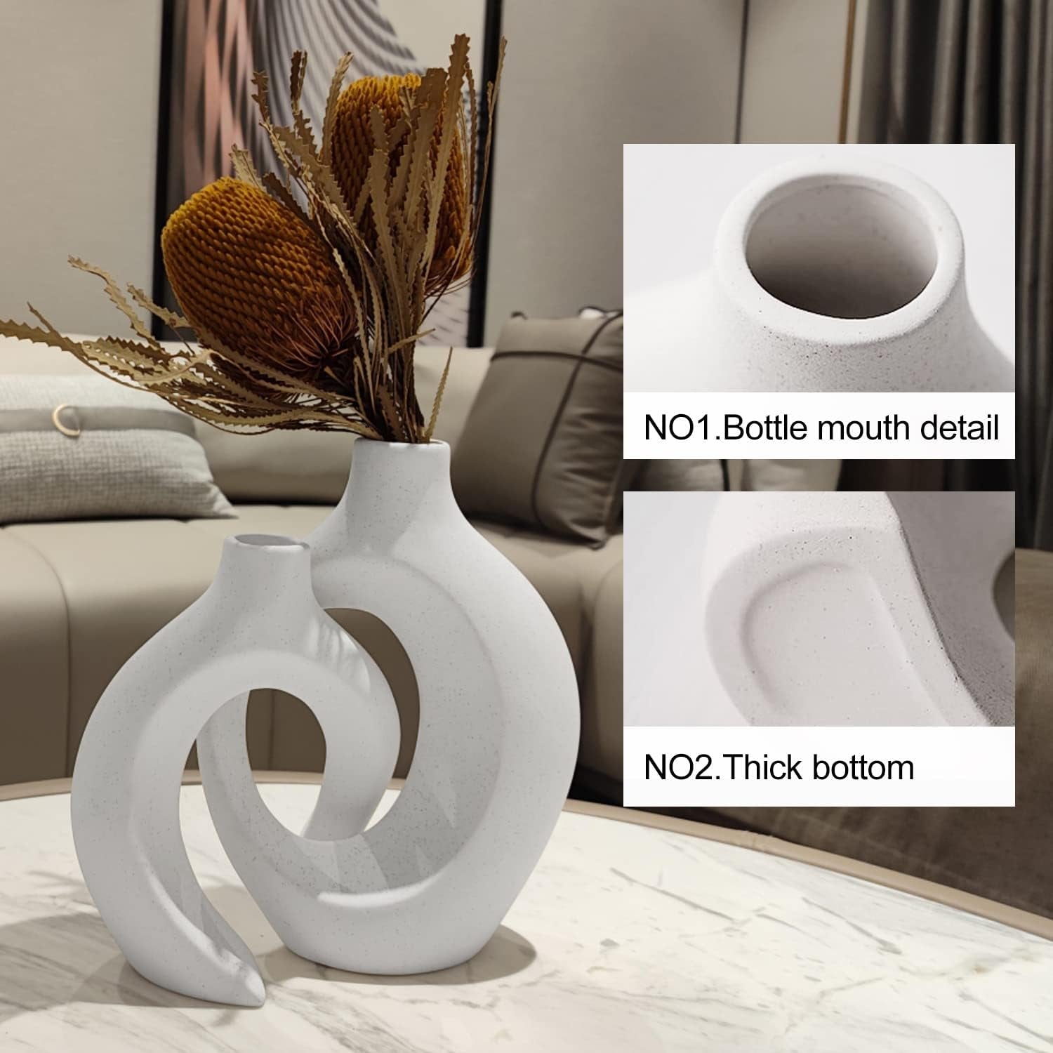 White Hollow Ceramic Vase Set of 2, Unique round Modern Vase for Nordic Minimalist Style Decor, Donut Boho Aesthetic Vase for Coffee & Kitchen Table, Pampas Grass Living Dining Room Decoration