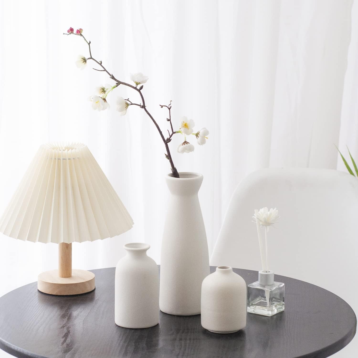 White Ceramic Vase Set-3 Small Flower Vases for Decor,Modern Boho Farmhouse Home Decor,Decorative Vase for Pampas Grass&Dried Flowers,Idea Shelf,Table,Bookshelf ，Entryway- Distresse