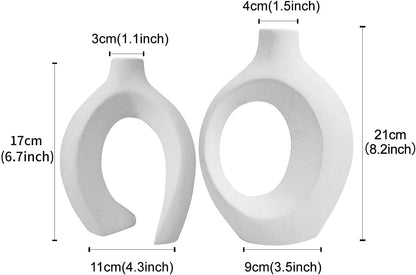 White Hollow Ceramic Vase Set of 2, Unique round Modern Vase for Nordic Minimalist Style Decor, Donut Boho Aesthetic Vase for Coffee & Kitchen Table, Pampas Grass Living Dining Room Decoration