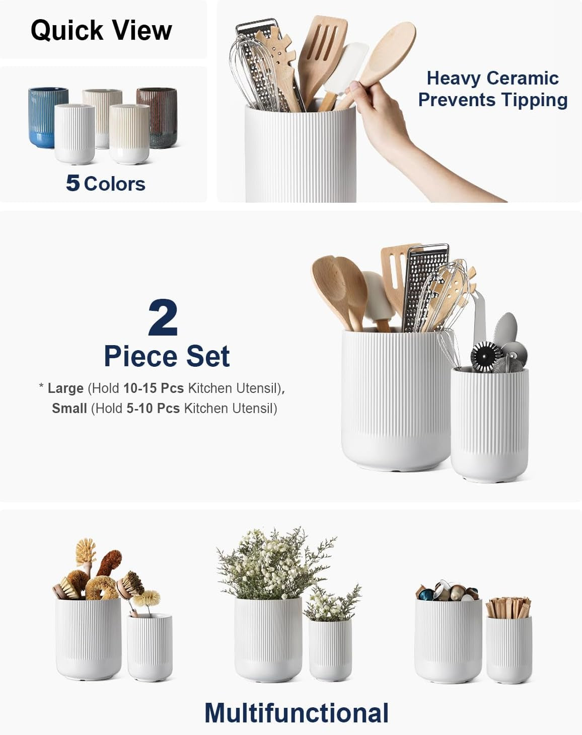 Utensil Holder, 7.3"+5.4" Ceramic Kitchen Utensil Holder for Countertop, Large Cooking Utensil Crocks for Kitchen Counter, Morden Utensil Organizer Storage Caddy for Cutlery, Set of 2, White