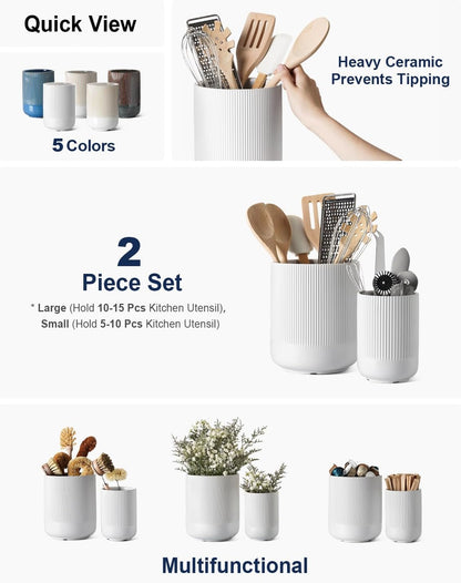 Utensil Holder, 7.3"+5.4" Ceramic Kitchen Utensil Holder for Countertop, Large Cooking Utensil Crocks for Kitchen Counter, Morden Utensil Organizer Storage Caddy for Cutlery, Set of 2, White