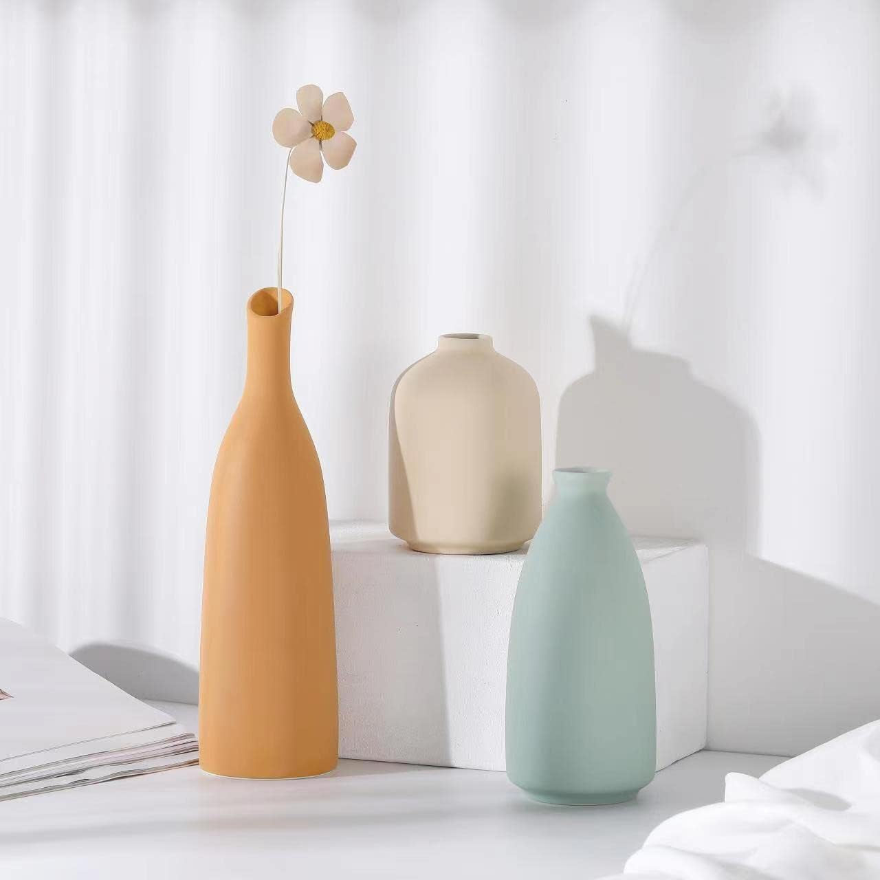 Vases Home Decor, Modern Farmhouse Decor Vase Set of 3, Small Flower Vases for Table Decor, Living Room Decor Vase, Book Shelf Vases for Decor, Bookshelf Decor Vase and Entryway Decor, Ceramic Vase
