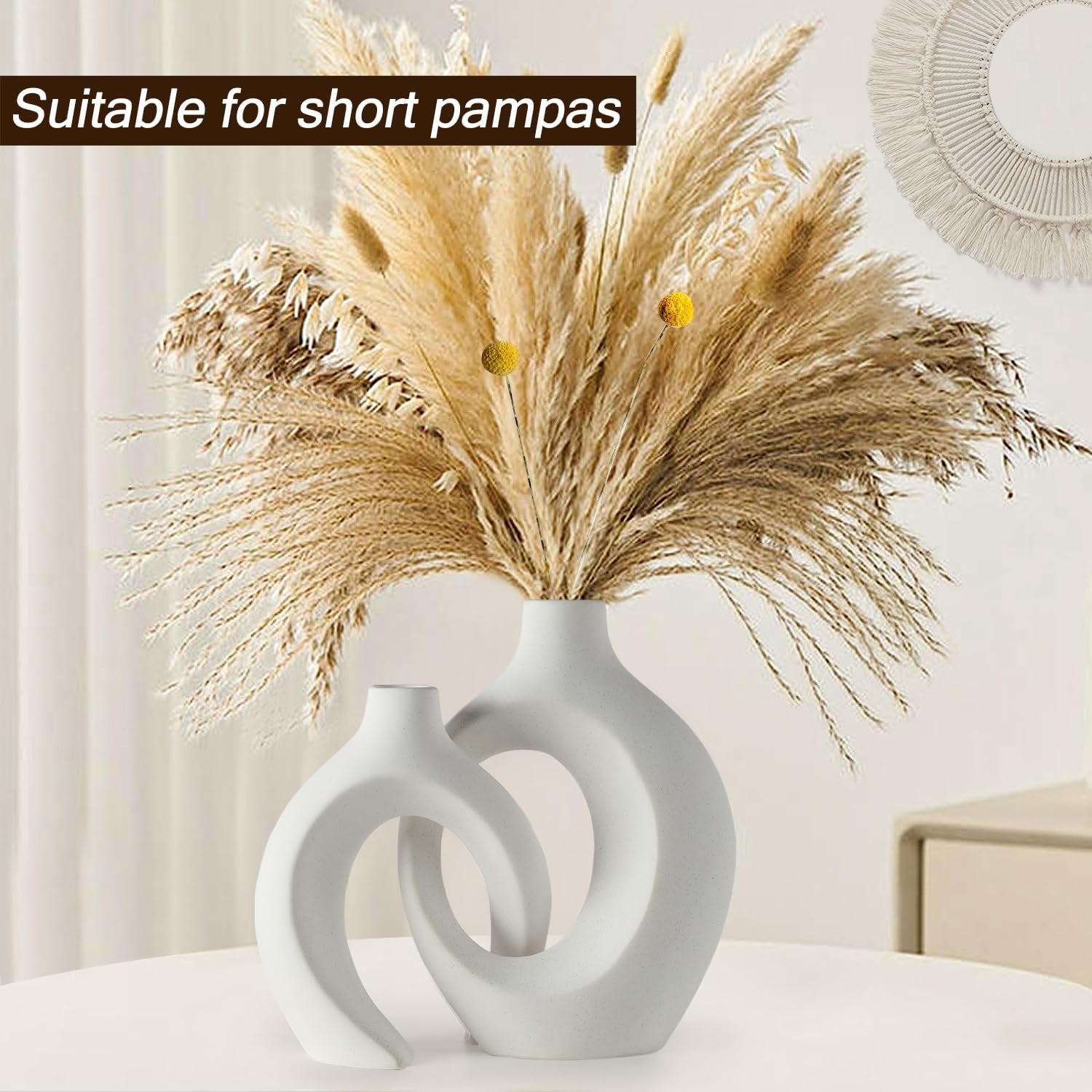 White Hollow Ceramic Vase Set of 2, Unique round Modern Vase for Nordic Minimalist Style Decor, Donut Boho Aesthetic Vase for Coffee & Kitchen Table, Pampas Grass Living Dining Room Decoration