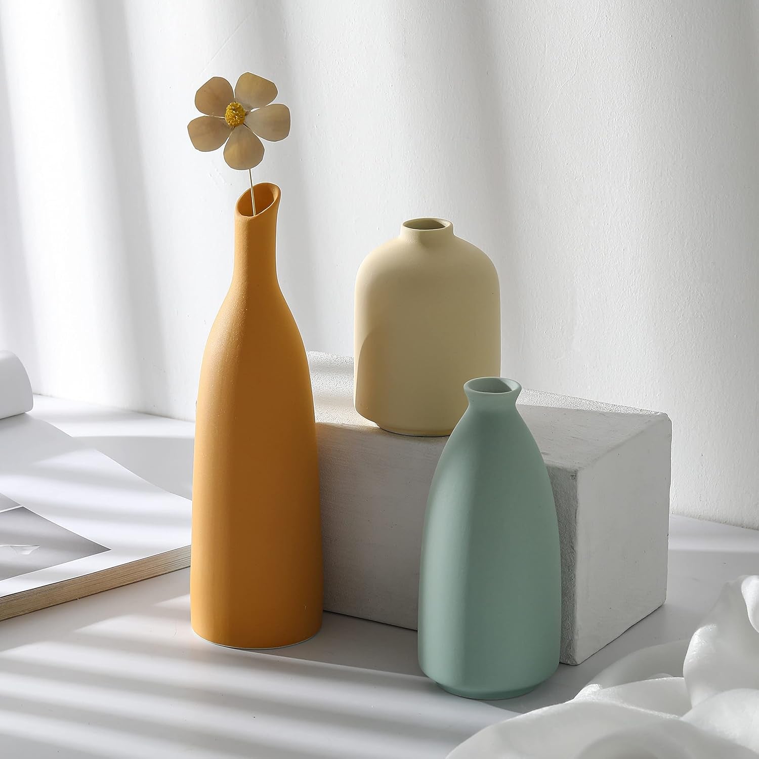 Vases Home Decor, Modern Farmhouse Decor Vase Set of 3, Small Flower Vases for Table Decor, Living Room Decor Vase, Book Shelf Vases for Decor, Bookshelf Decor Vase and Entryway Decor, Ceramic Vase