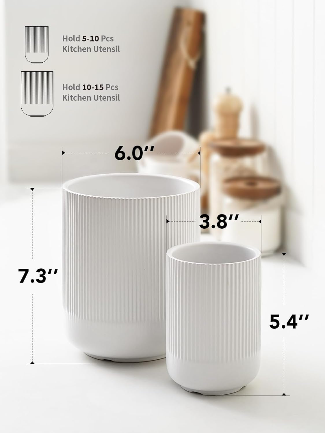 Utensil Holder, 7.3"+5.4" Ceramic Kitchen Utensil Holder for Countertop, Large Cooking Utensil Crocks for Kitchen Counter, Morden Utensil Organizer Storage Caddy for Cutlery, Set of 2, White