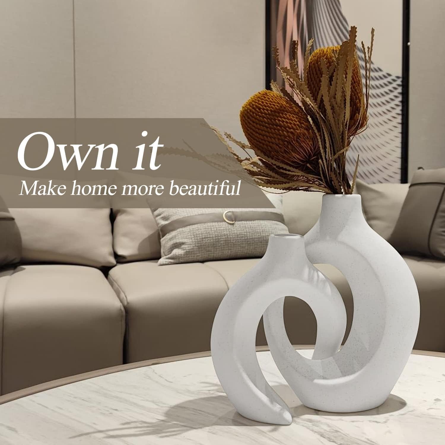 White Hollow Ceramic Vase Set of 2, Unique round Modern Vase for Nordic Minimalist Style Decor, Donut Boho Aesthetic Vase for Coffee & Kitchen Table, Pampas Grass Living Dining Room Decoration