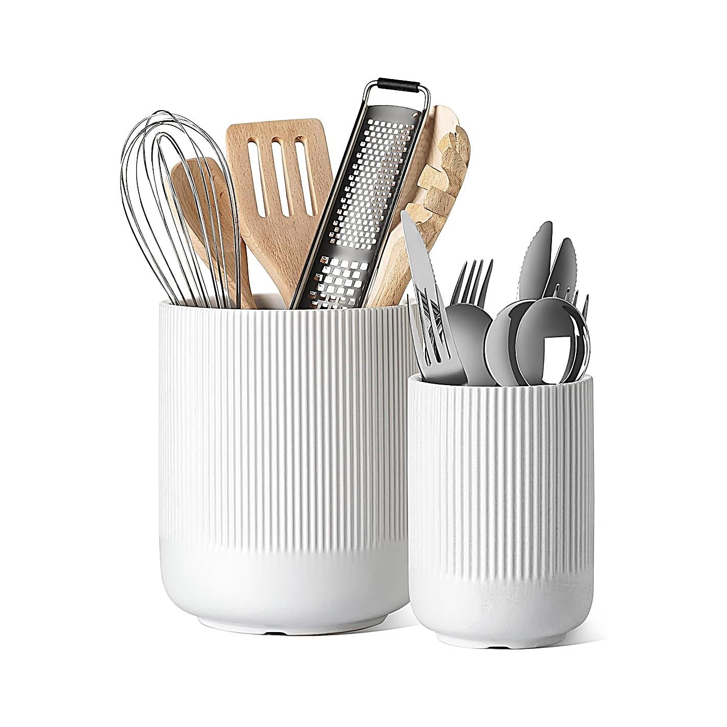 Utensil Holder, 7.3"+5.4" Ceramic Kitchen Utensil Holder for Countertop, Large Cooking Utensil Crocks for Kitchen Counter, Morden Utensil Organizer Storage Caddy for Cutlery, Set of 2, White