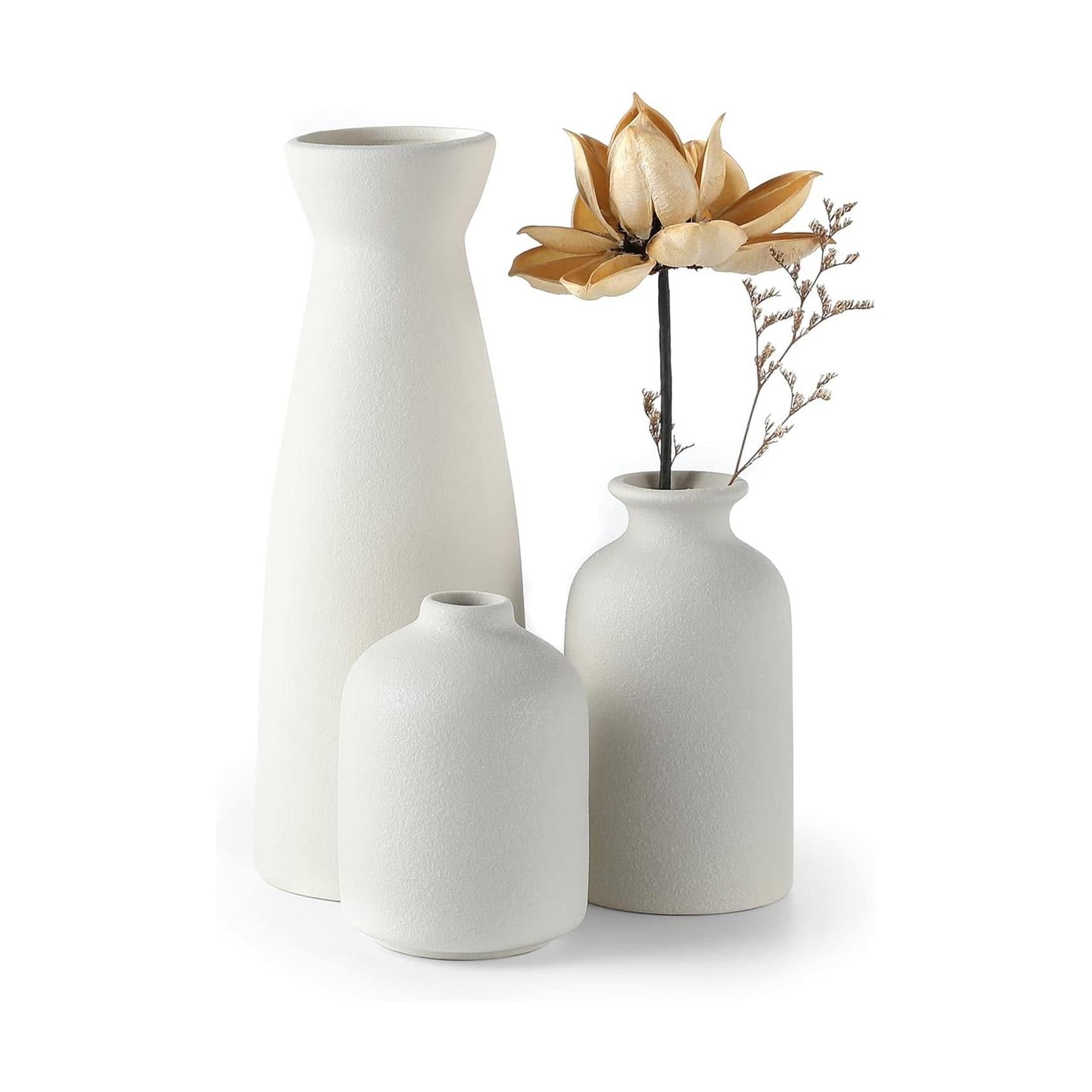 White Ceramic Vase Set-3 Small Flower Vases for Decor,Modern Boho Farmhouse Home Decor,Decorative Vase for Pampas Grass&Dried Flowers,Idea Shelf,Table,Bookshelf ，Entryway- Distresse