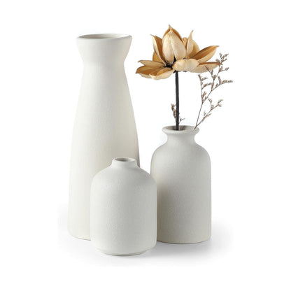 White Ceramic Vase Set-3 Small Flower Vases for Decor,Modern Boho Farmhouse Home Decor,Decorative Vase for Pampas Grass&Dried Flowers,Idea Shelf,Table,Bookshelf ，Entryway- Distresse