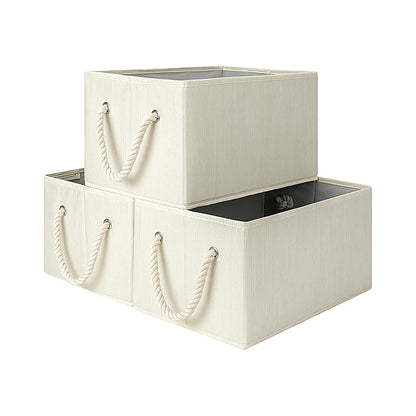 Storage Baskets for Shelves, Foldable Fabric Closet Storage Bins with Handles, Clothes Organizer Baskets, Beige, White & Ivory, 3-Pack, Medium